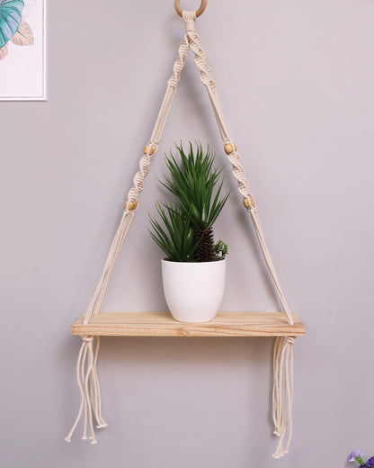 Handmade Rectangular Macrame Hanging Shelf Rustic Boho 1 Tier Shelf Wall Hanging Wooden Shelves Perfect for Living Room Bedroom Kitchen Bathroom