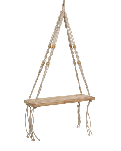 Handmade Rectangular Macrame Hanging Shelf Rustic Boho 1 Tier Shelf Wall Hanging Wooden Shelves Perfect for Living Room Bedroom Kitchen Bathroom