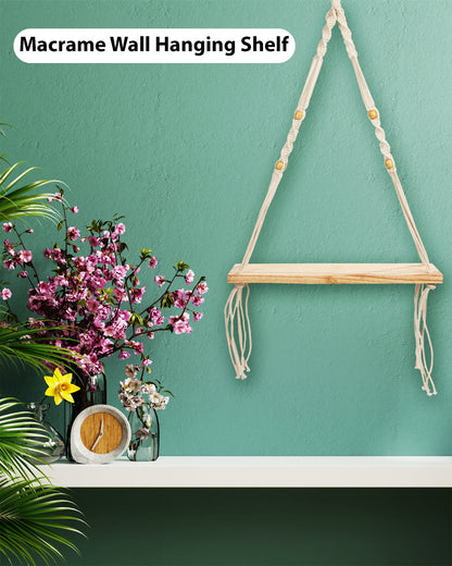 Handmade Rectangular Macrame Hanging Shelf Rustic Boho 1 Tier Shelf Wall Hanging Wooden Shelves Perfect for Living Room Bedroom Kitchen Bathroom