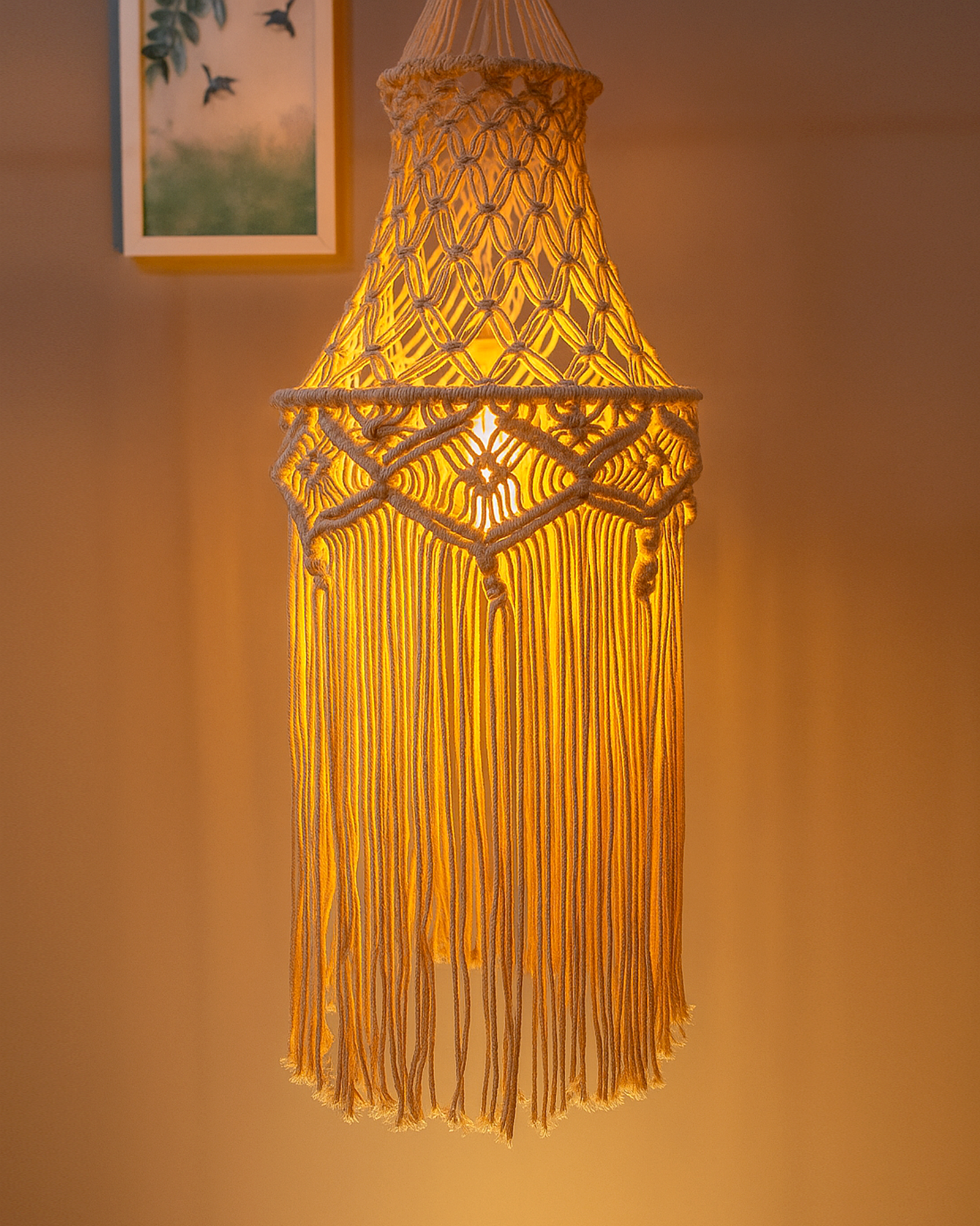 Macrame Lamp Shade Boho Hanging Pendant Light Cover,Handmade Woven Bohemian Decoration Chandelier Shade for Modern Office Bedroom Living Room Nursery Dorm, E27