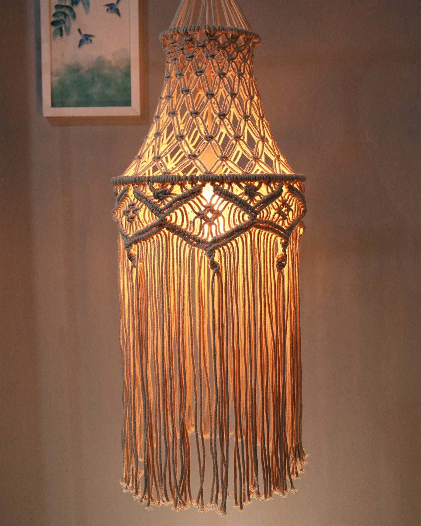 Macrame Lamp Shade Boho Hanging Pendant Light Cover,Handmade Woven Bohemian Decoration Chandelier Shade for Modern Office Bedroom Living Room Nursery Dorm, E27