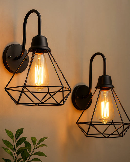 Farmhouse Metal Diamond Cage Vanity Industrial Wall Sconce Lighting, Edison Rustic Wall Light Fixture for Balcony, Living Room, Lobby, set of 2