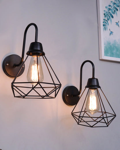 Farmhouse Metal Diamond Cage Vanity Industrial Wall Sconce Lighting, Edison Rustic Wall Light Fixture for Balcony, Living Room, Lobby, set of 2