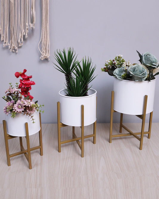 Mid Century Planters with Metal Stand (Set of 3) - Modern Decorative Plant Pot and Flower Holder with Iron Stand for Corner Display- Indoor Plant Stand for Home Decor, Golden