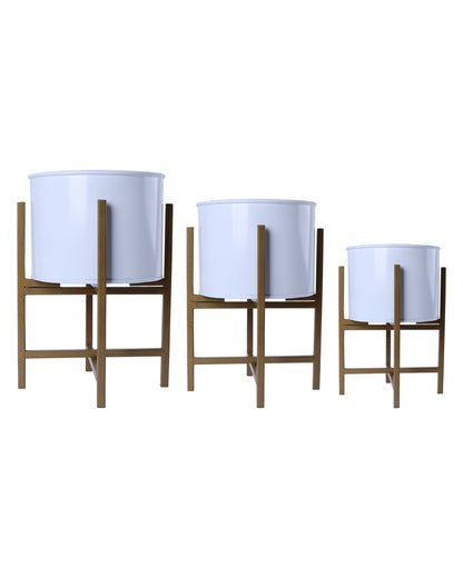 Mid Century Planters with Metal Stand (Set of 3) - Modern Decorative Plant Pot and Flower Holder with Iron Stand for Corner Display- Indoor Plant Stand for Home Decor, Golden