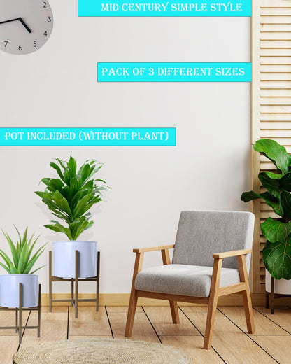 Mid Century Planters with Metal Stand (Set of 3) - Modern Decorative Plant Pot and Flower Holder with Iron Stand for Corner Display- Indoor Plant Stand for Home Decor, Golden