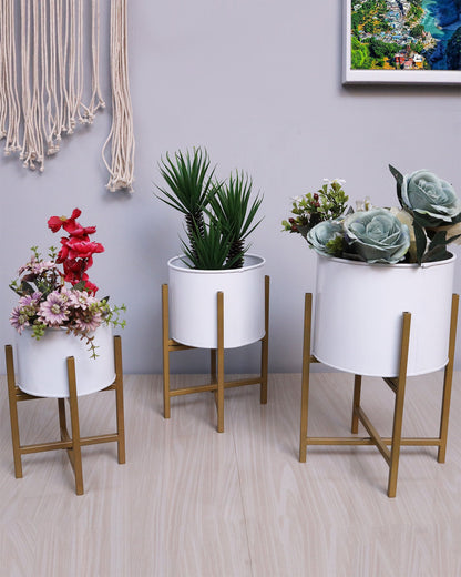 Mid Century Planters with Metal Stand (Set of 3) - Modern Decorative Plant Pot and Flower Holder with Iron Stand for Corner Display- Indoor Plant Stand for Home Decor, Golden