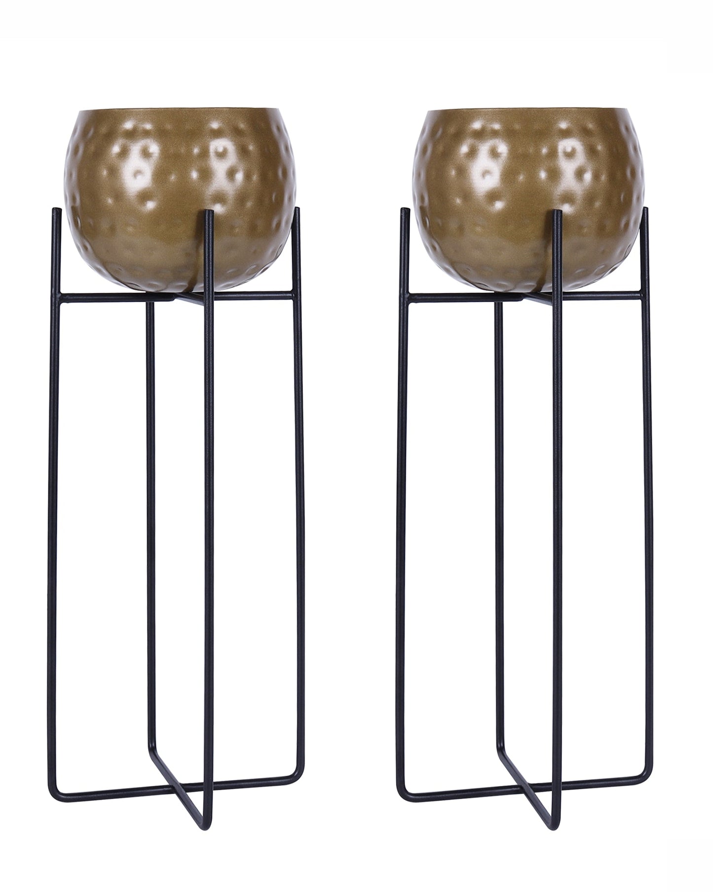 Metal Hammered Plant Pot with Stand, Set of 2 |Golden Decorative Modern Indoor Planter | Office Desk Pot with Black Metal Stand for Orchids Herbs Cacti Succulents