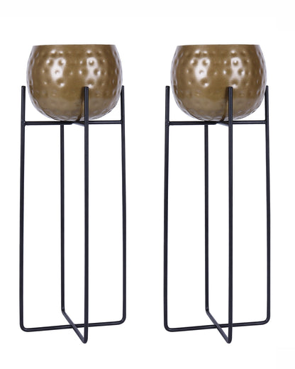 Metal Hammered Plant Pot with Stand, Set of 2 |Golden Decorative Modern Indoor Planter | Office Desk Pot with Black Metal Stand for Orchids Herbs Cacti Succulents