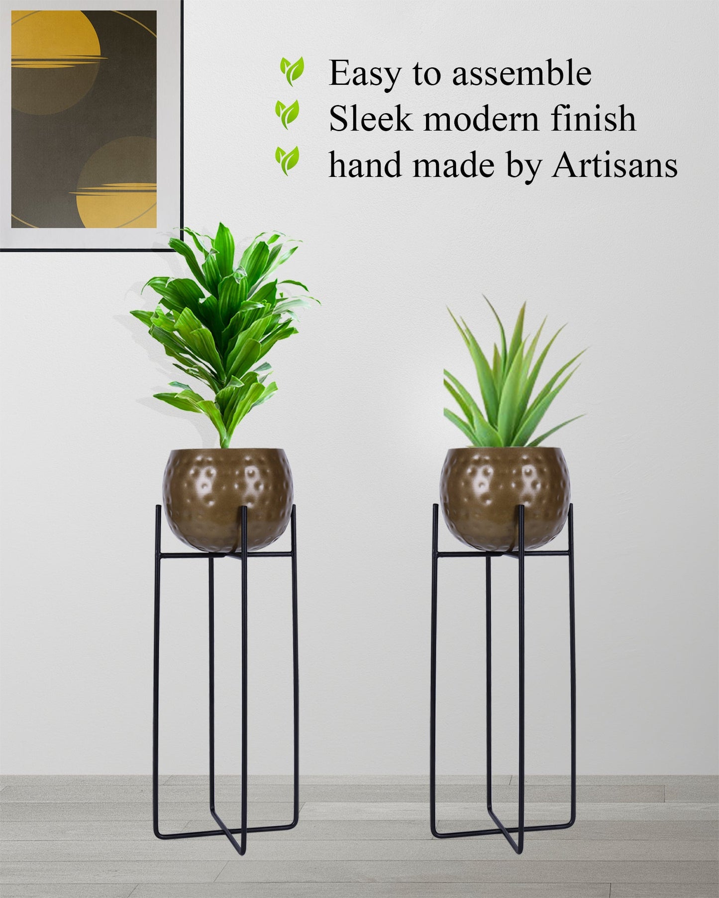 Metal Hammered Plant Pot with Stand, Set of 2 |Golden Decorative Modern Indoor Planter | Office Desk Pot with Black Metal Stand for Orchids Herbs Cacti Succulents