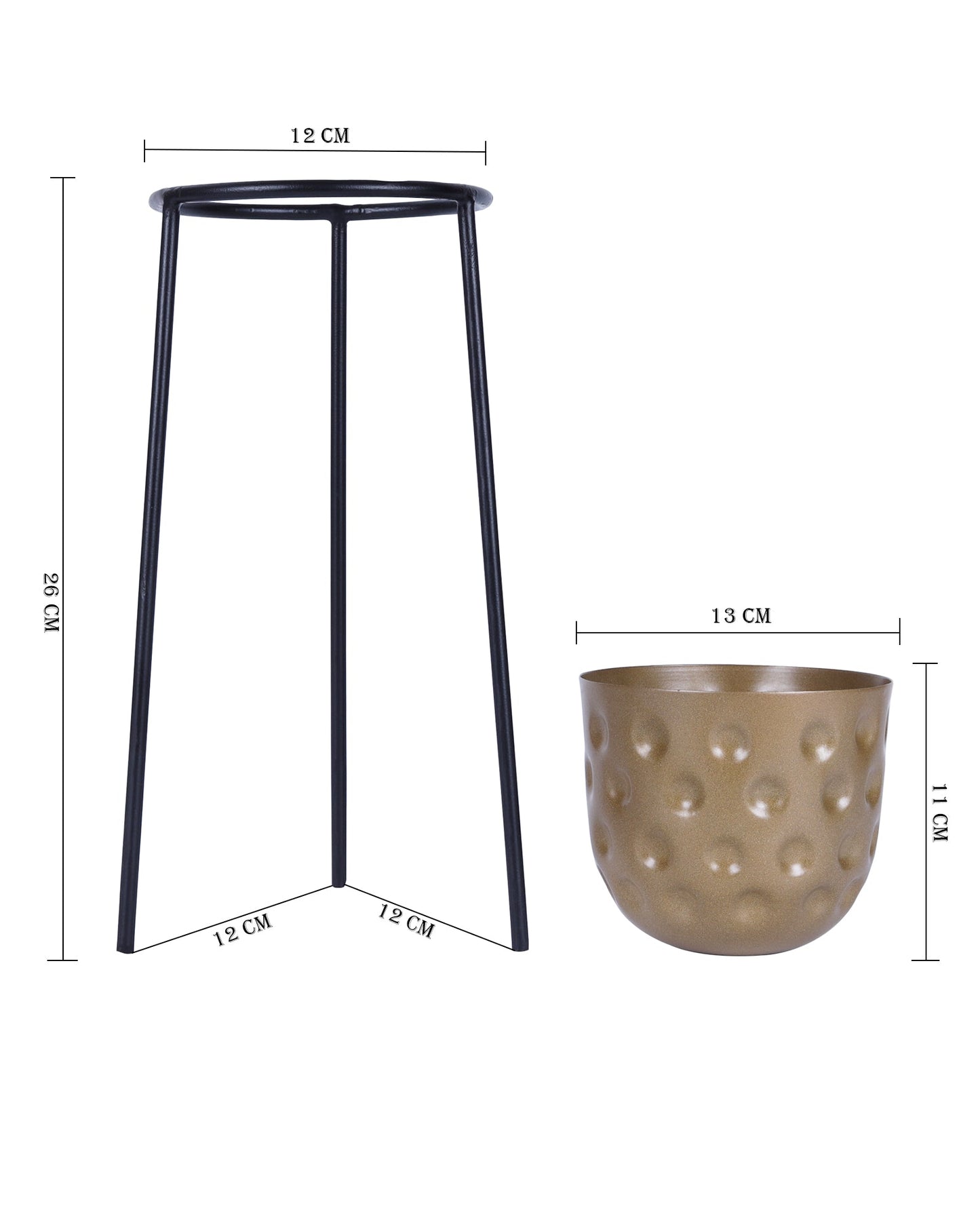 Metal Hammered Plant Pot with Stand, Set of 2 |Golden Decorative Modern Indoor Planter | Office Desk Pot with Black Metal Stand for Orchids Herbs Cacti Succulents