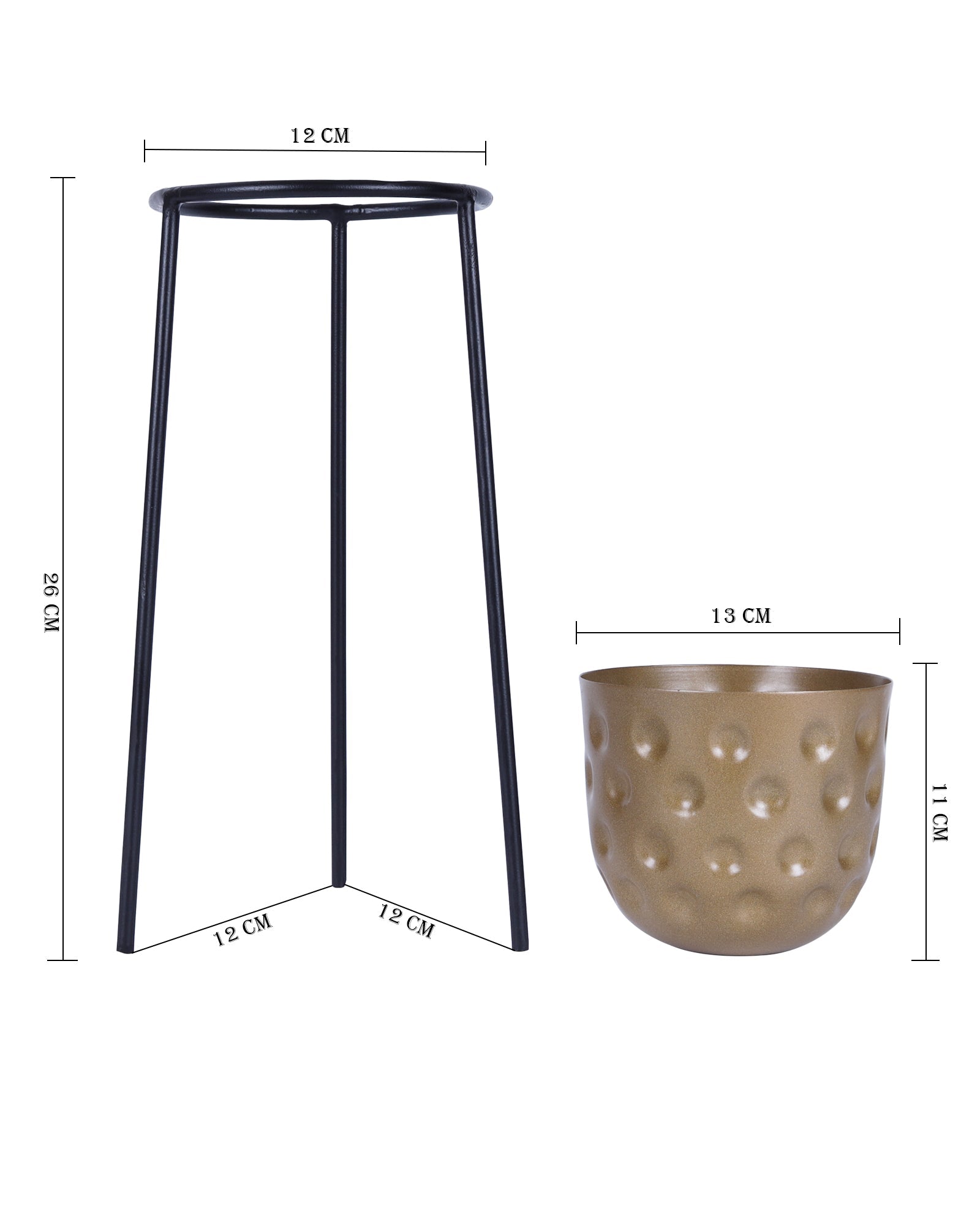 Metal Hammered Plant Pot with Stand, Set of 2 |Golden Decorative Modern Indoor Planter | Office Desk Pot with Black Metal Stand for Orchids Herbs Cacti Succulents