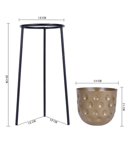 Metal Hammered Plant Pot with Stand, Set of 2 |Golden Decorative Modern Indoor Planter | Office Desk Pot with Black Metal Stand for Orchids Herbs Cacti Succulents