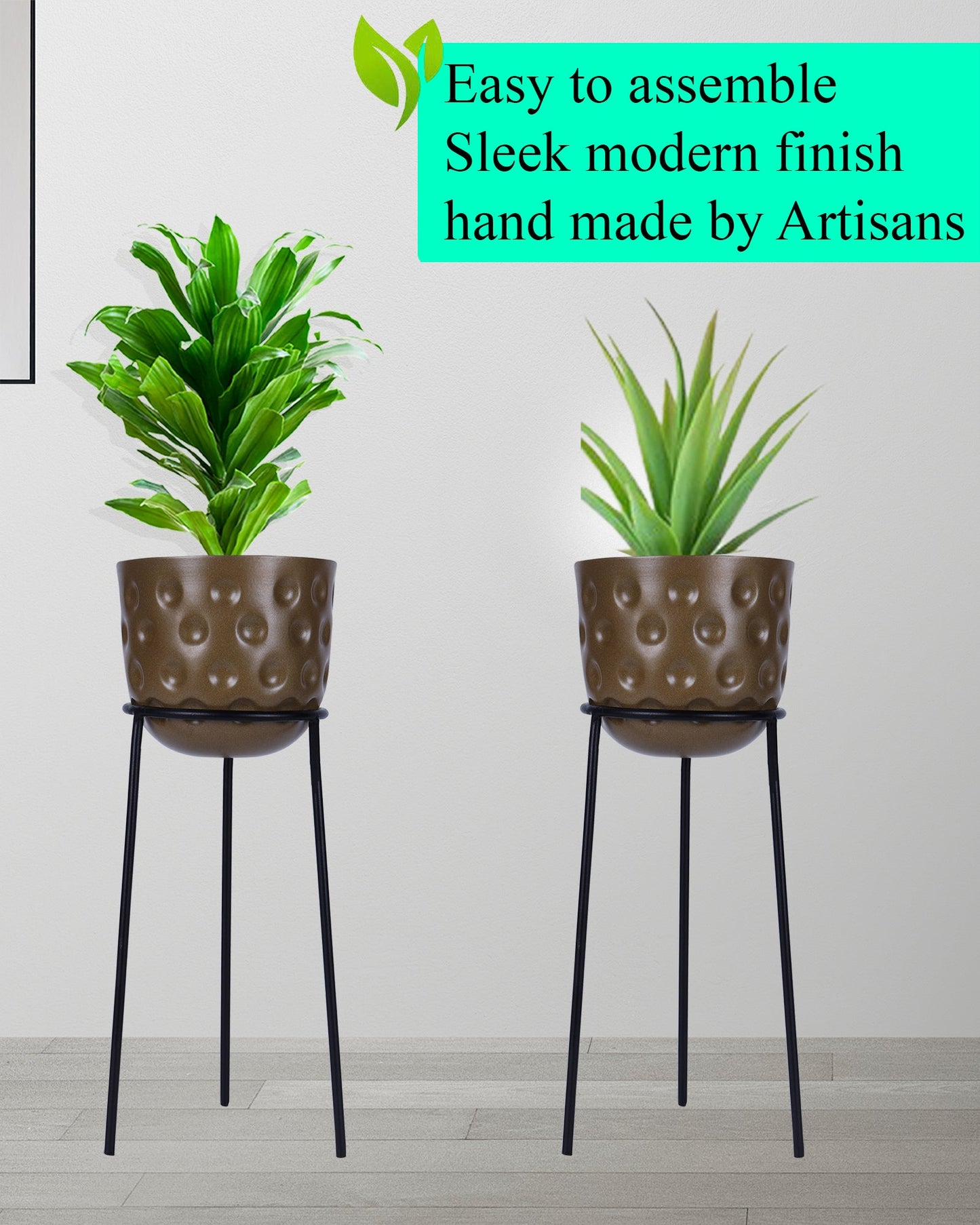 Metal Hammered Plant Pot with Stand, Set of 2 |Golden Decorative Modern Indoor Planter | Office Desk Pot with Black Metal Stand for Orchids Herbs Cacti Succulents