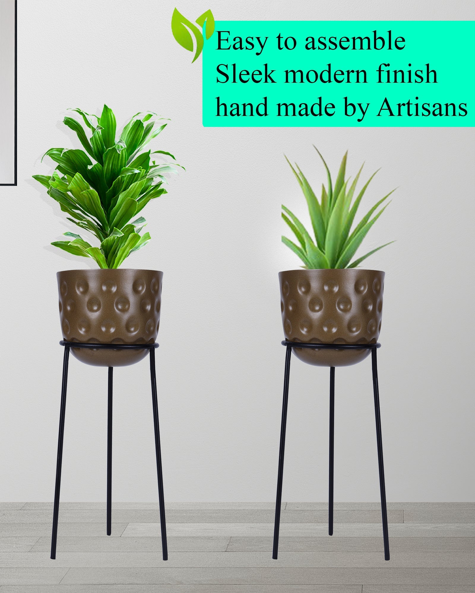 Metal Hammered Plant Pot with Stand, Set of 2 |Golden Decorative Modern Indoor Planter | Office Desk Pot with Black Metal Stand for Orchids Herbs Cacti Succulents