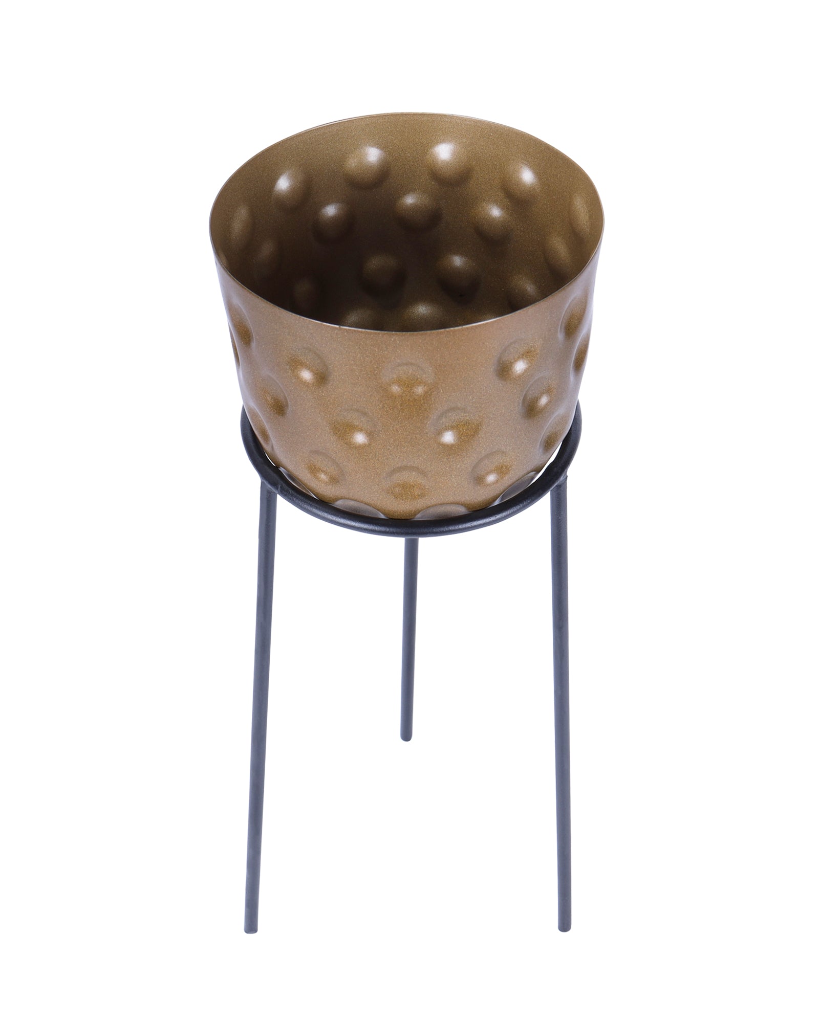 Metal Hammered Plant Pot with Stand, Set of 2 |Golden Decorative Modern Indoor Planter | Office Desk Pot with Black Metal Stand for Orchids Herbs Cacti Succulents