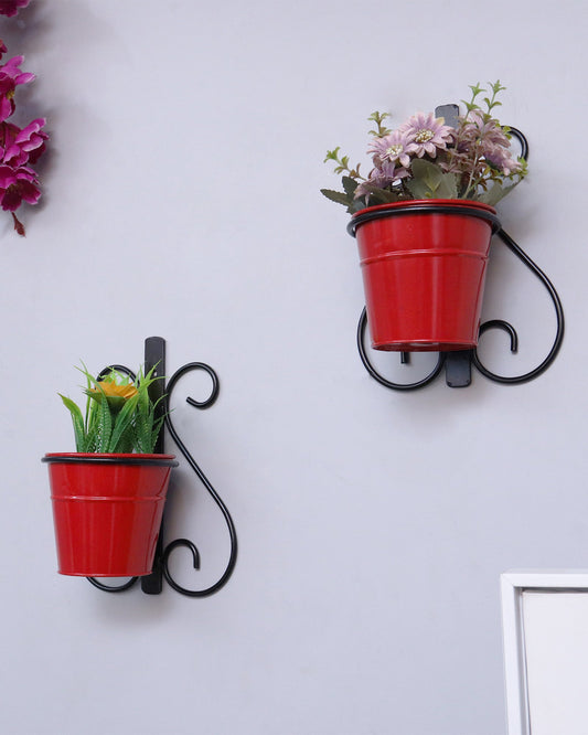 Wall Scone Metal Wall Planters Pot for Indoor Plants with Holder (Set of 2, Galvanized Iron Buckets) - Wall Mounted Planters with Stand Vertical Containers Balcony Decoration Garden Décor