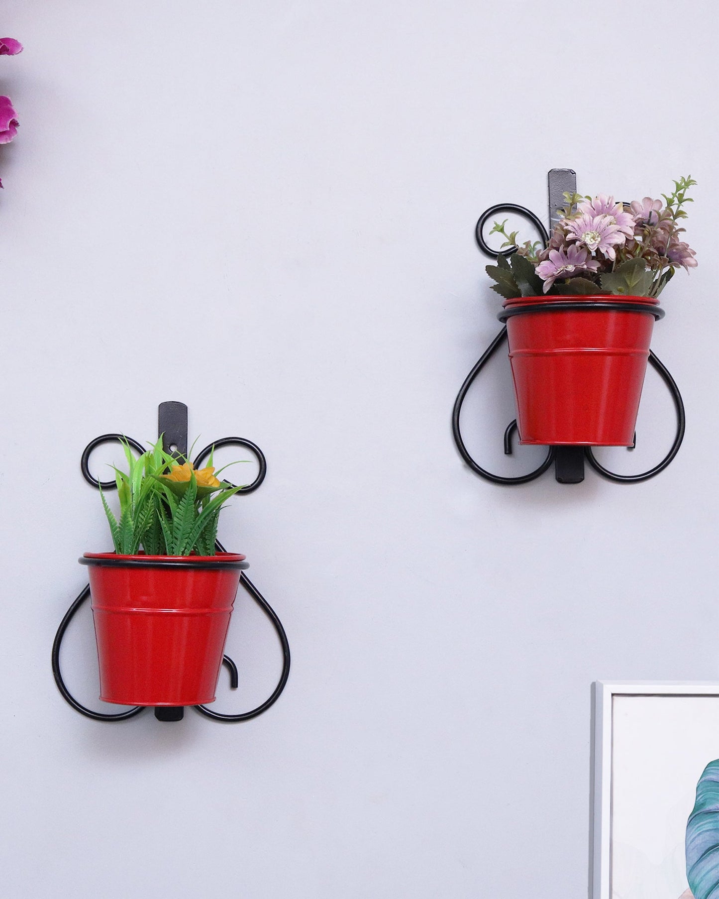 Wall Scone Metal Wall Planters Pot for Indoor Plants with Holder (Set of 2, Galvanized Iron Buckets) - Wall Mounted Planters with Stand Vertical Containers Balcony Decoration Garden Décor
