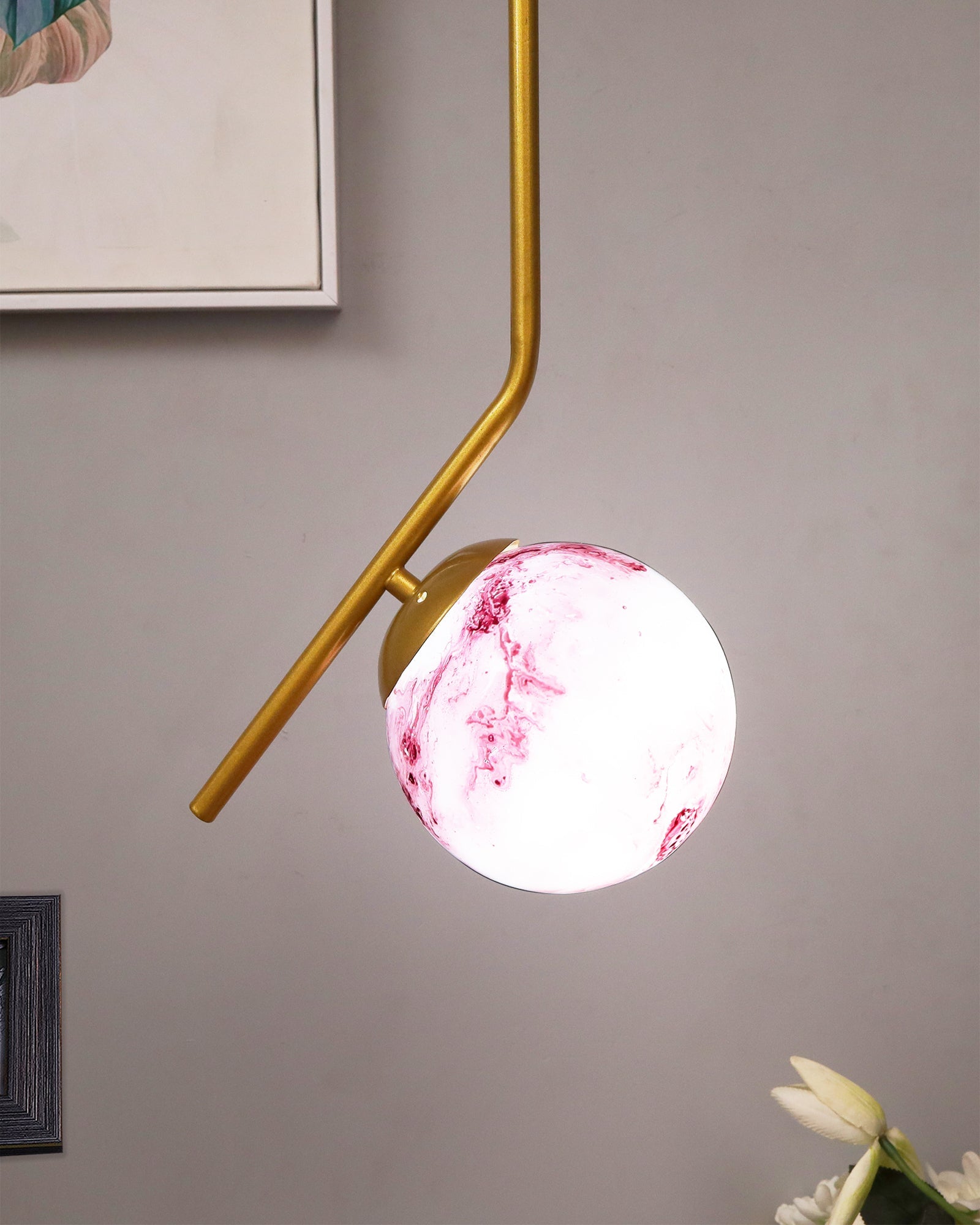 Mid Century Modern Golden Light Chandelier , Planet Series Frosted Glass Globe Lampshade Pendant Indoor Hanging Light Fixture, Tilt L