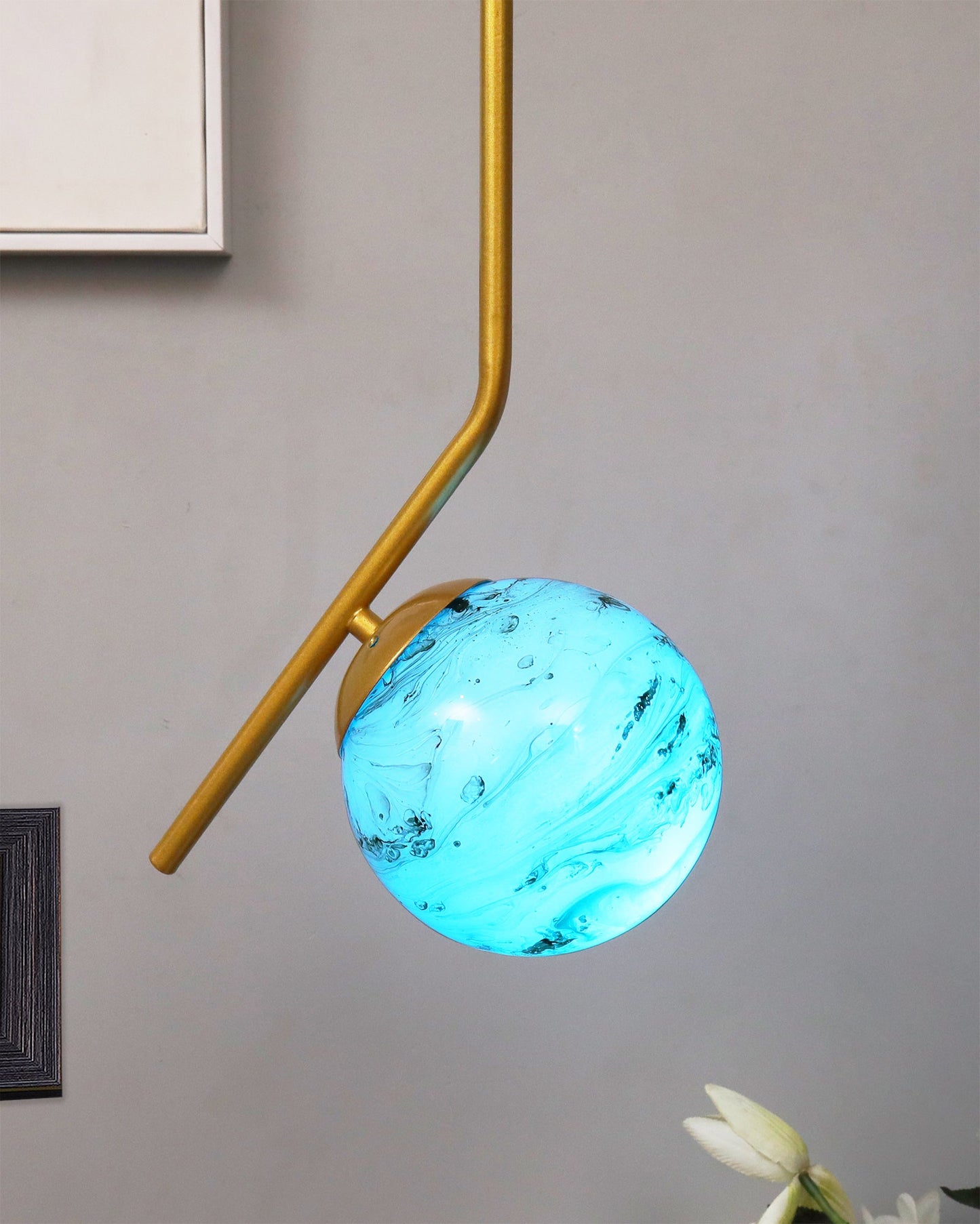 Mid Century Modern Golden Light Chandelier , Planet Series Frosted Glass Globe Lampshade Pendant Indoor Hanging Light Fixture, Tilt L
