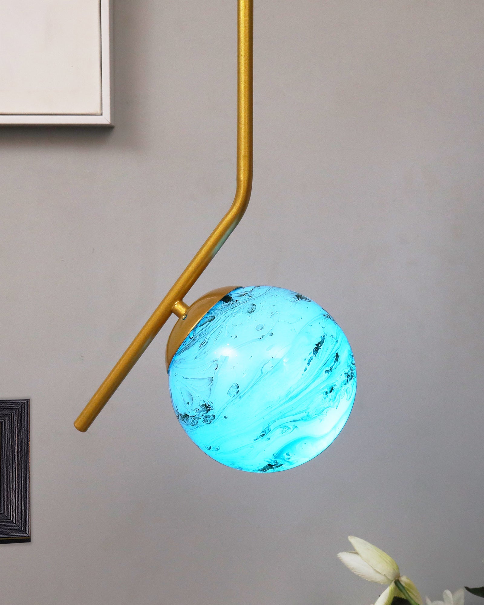 Mid Century Modern Golden Light Chandelier , Planet Series Frosted Glass Globe Lampshade Pendant Indoor Hanging Light Fixture, Tilt L
