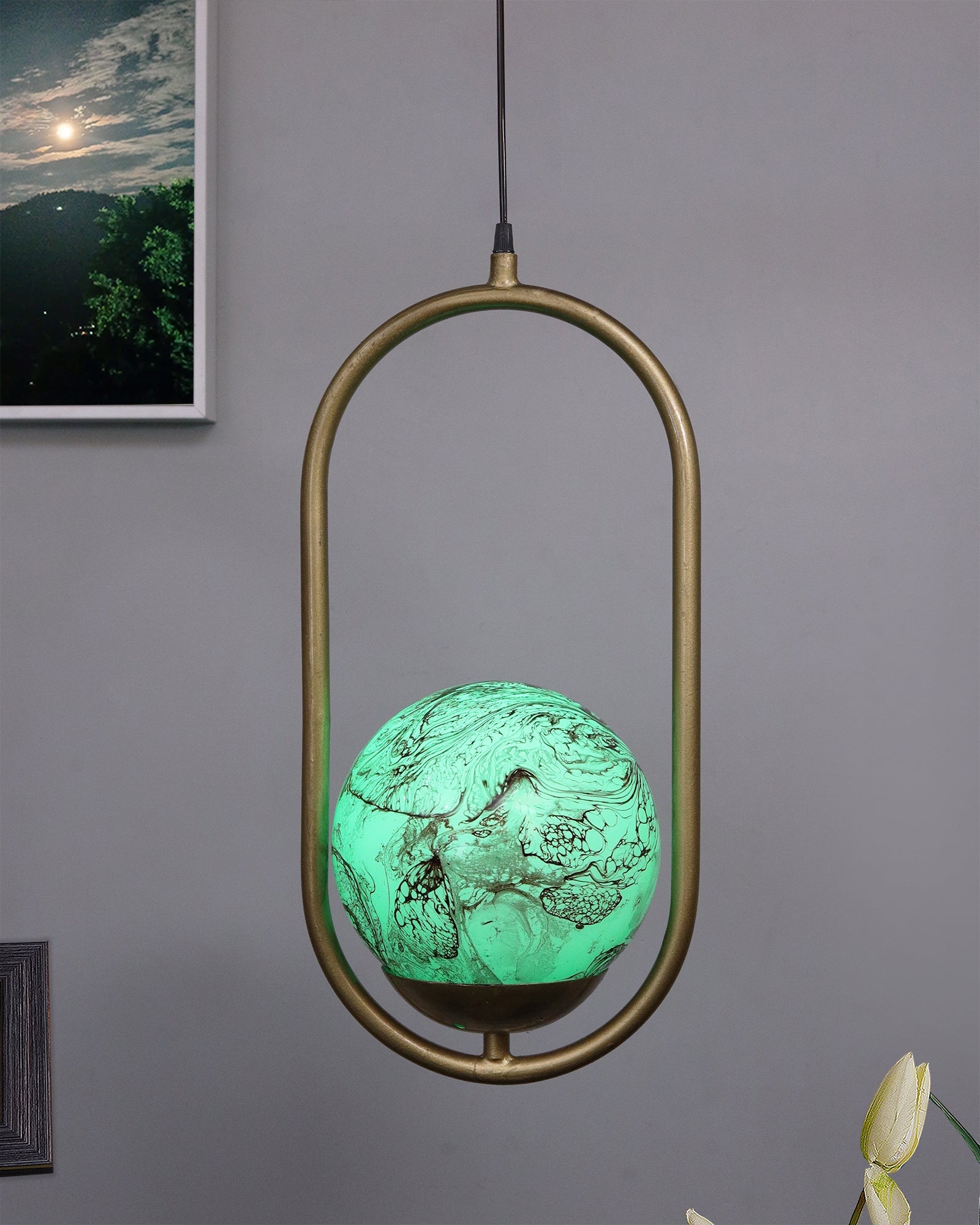 Mid Century Modern Golden Light Chandelier , Planet Series Frosted Glass Globe Lampshade Pendant Indoor Hanging Light Fixture, Oval