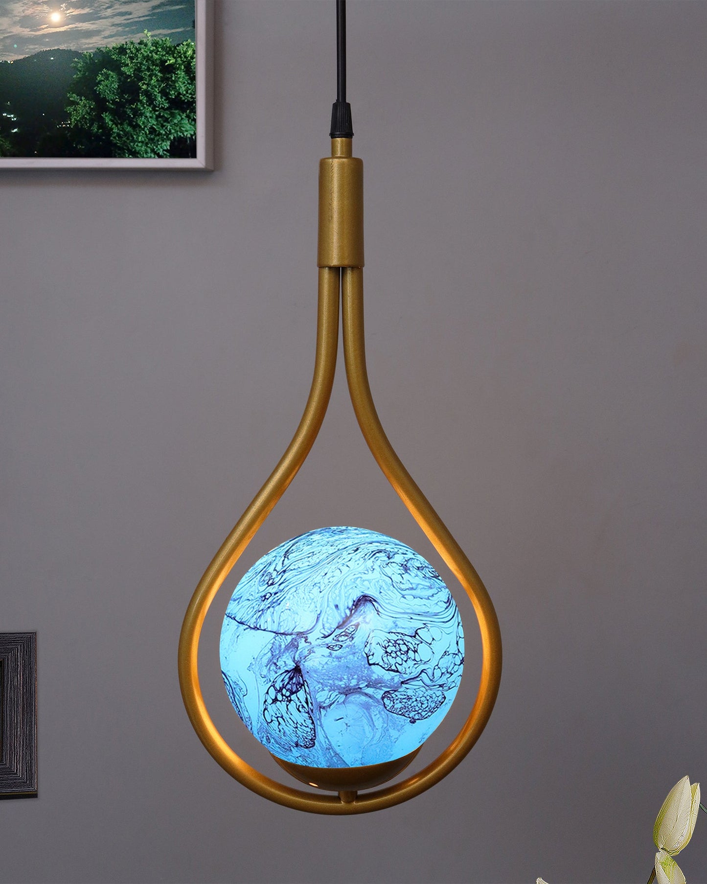 Mid Century Modern Golden Light Chandelier , Planet Series Frosted Glass Globe Lampshade Pendant Indoor Hanging Light Fixture, Water Drop