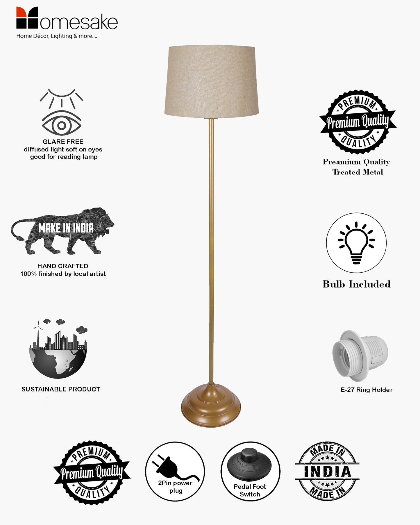 Contemporary Metal Floor Lamp,Contemporary Minimalist Standing Floor Light with Iron Legs, E27 Lamp Base, Modern Design Standing Light for Living Room,Bedroom,Antique Gold