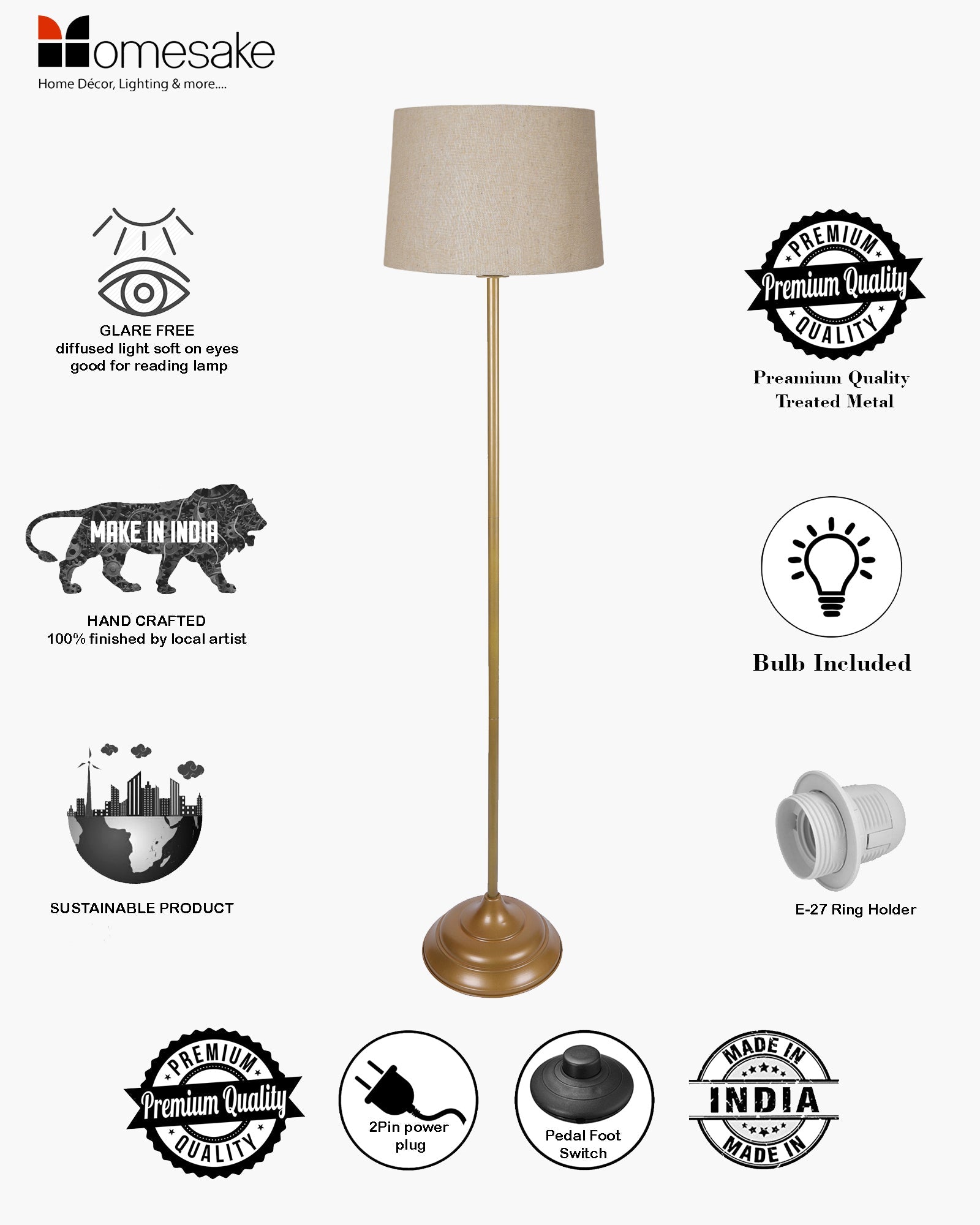 Contemporary Metal Floor Lamp,Contemporary Minimalist Standing Floor Light with Iron Legs, E27 Lamp Base, Modern Design Standing Light for Living Room,Bedroom,Antique Gold