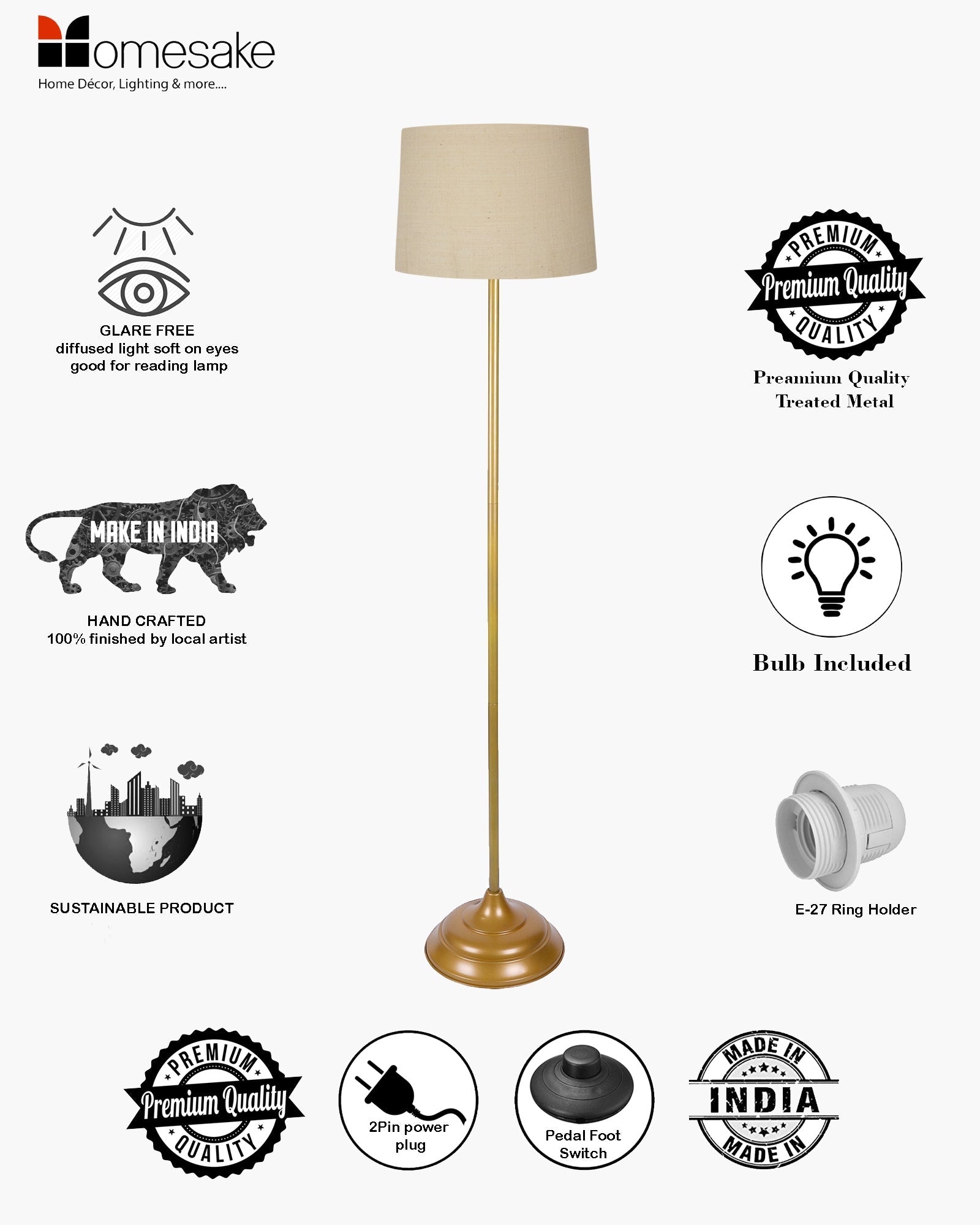 Contemporary Metal Floor Lamp,Contemporary Minimalist Standing Floor Light with Iron Legs, E27 Lamp Base, Modern Design Standing Light for Living Room,Bedroom,Antique Gold