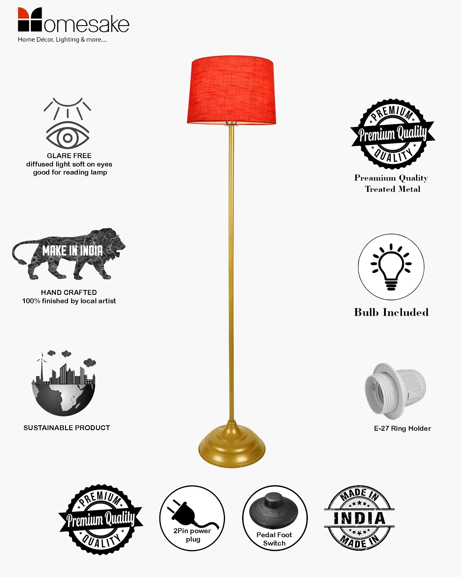 Contemporary Metal Floor Lamp,Contemporary Minimalist Standing Floor Light with Iron Legs, E27 Lamp Base, Modern Design Standing Light for Living Room,Bedroom,Antique Gold