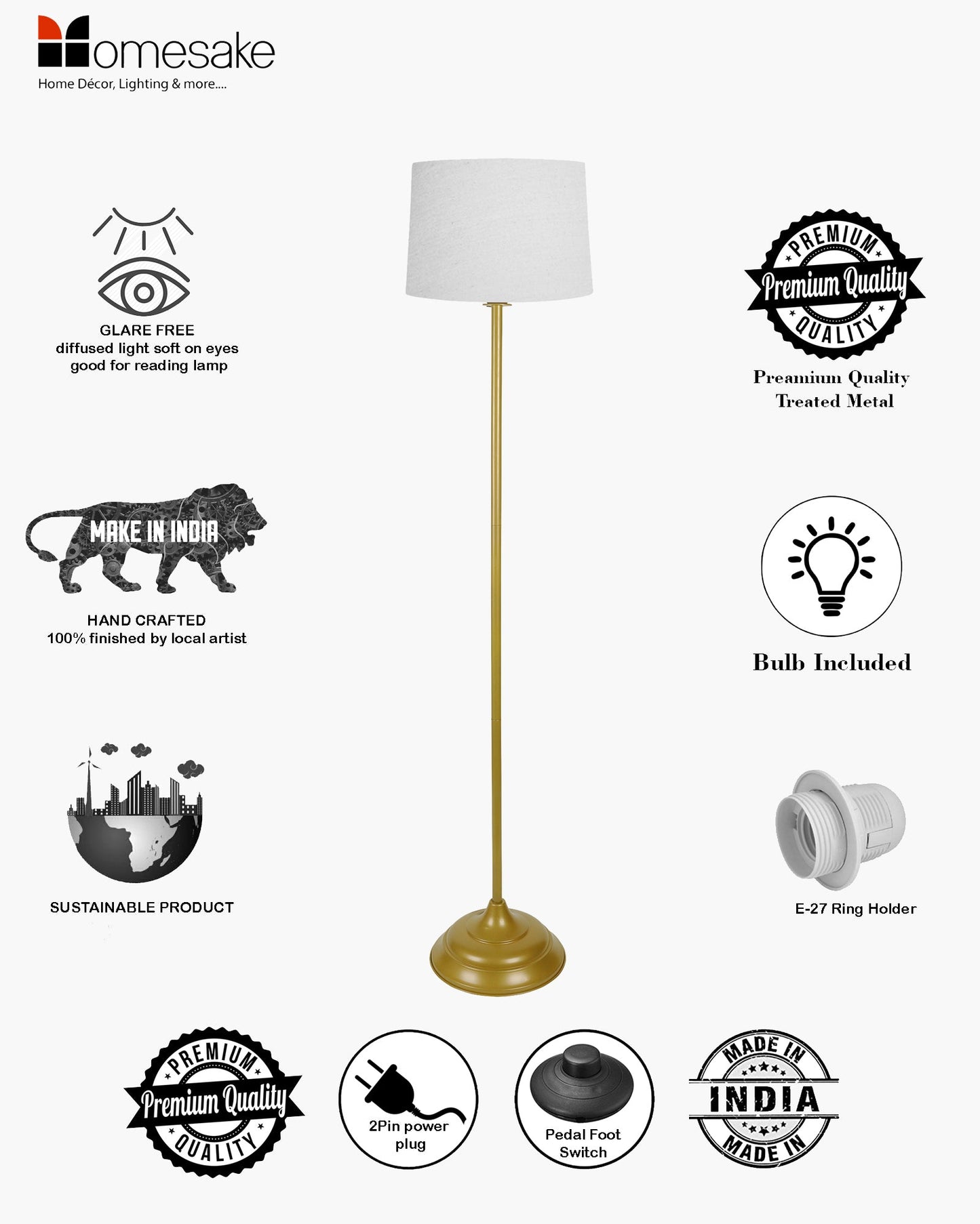 Contemporary Metal Floor Lamp,Contemporary Minimalist Standing Floor Light with Iron Legs, E27 Lamp Base, Modern Design Standing Light for Living Room,Bedroom,Antique Gold