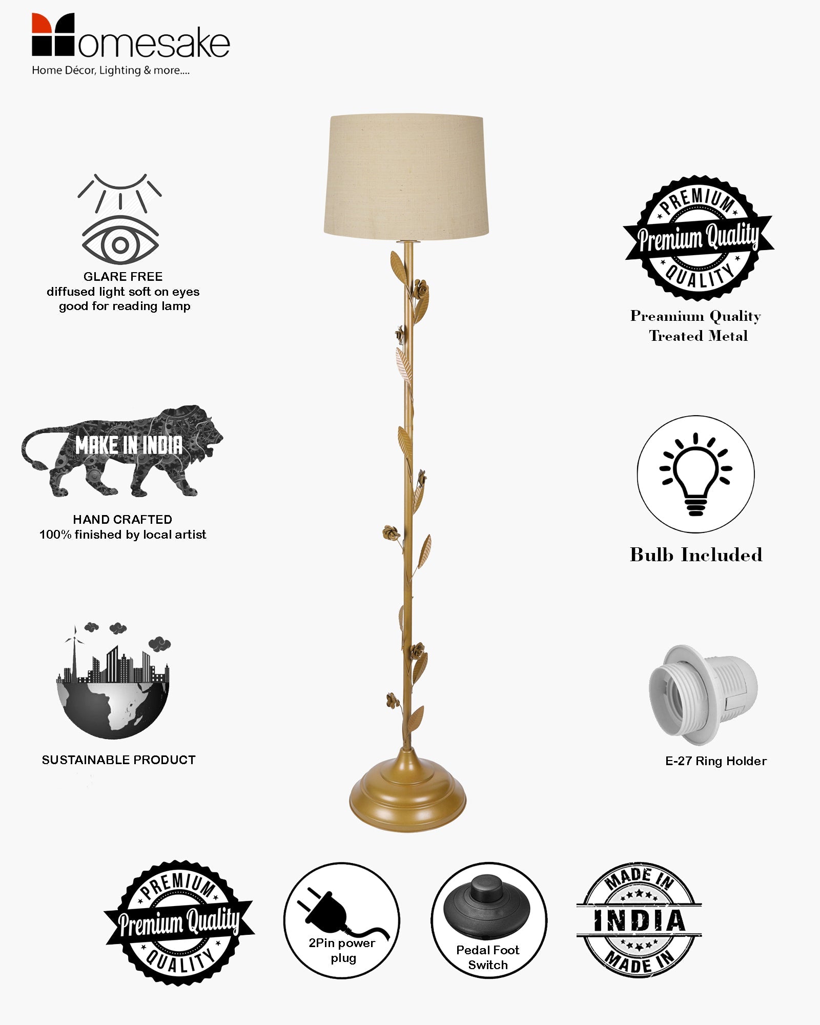 Contemporary Metal Floor Lamp,Contemporary Minimalist Standing Floor Light with Iron Legs, E27 Lamp Base, Modern Design Standing Light for Living Room,Bedroom,Antique Gold