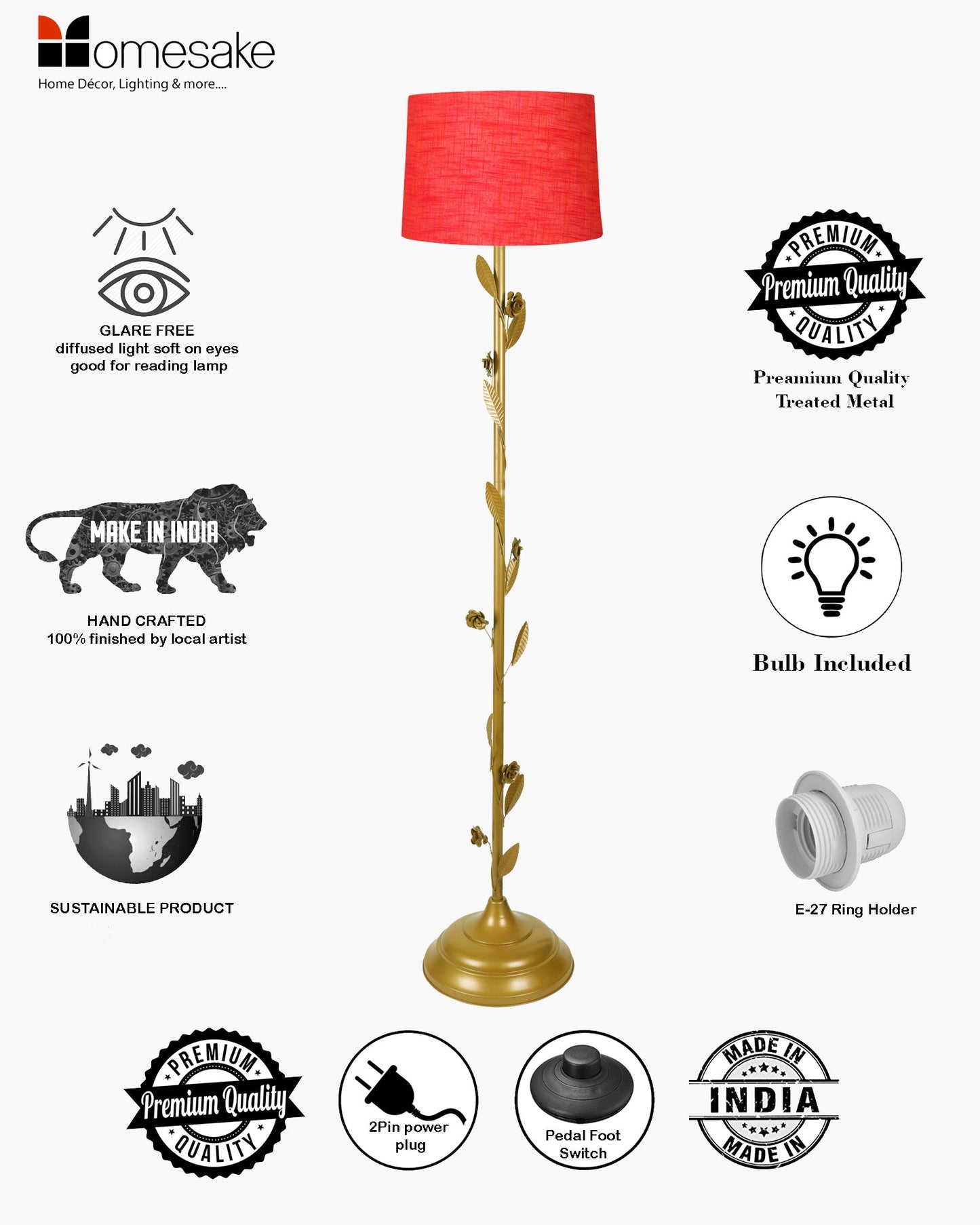 Contemporary Metal Floor Lamp,Contemporary Minimalist Standing Floor Light with Iron Legs, E27 Lamp Base, Modern Design Standing Light for Living Room,Bedroom,Antique Gold