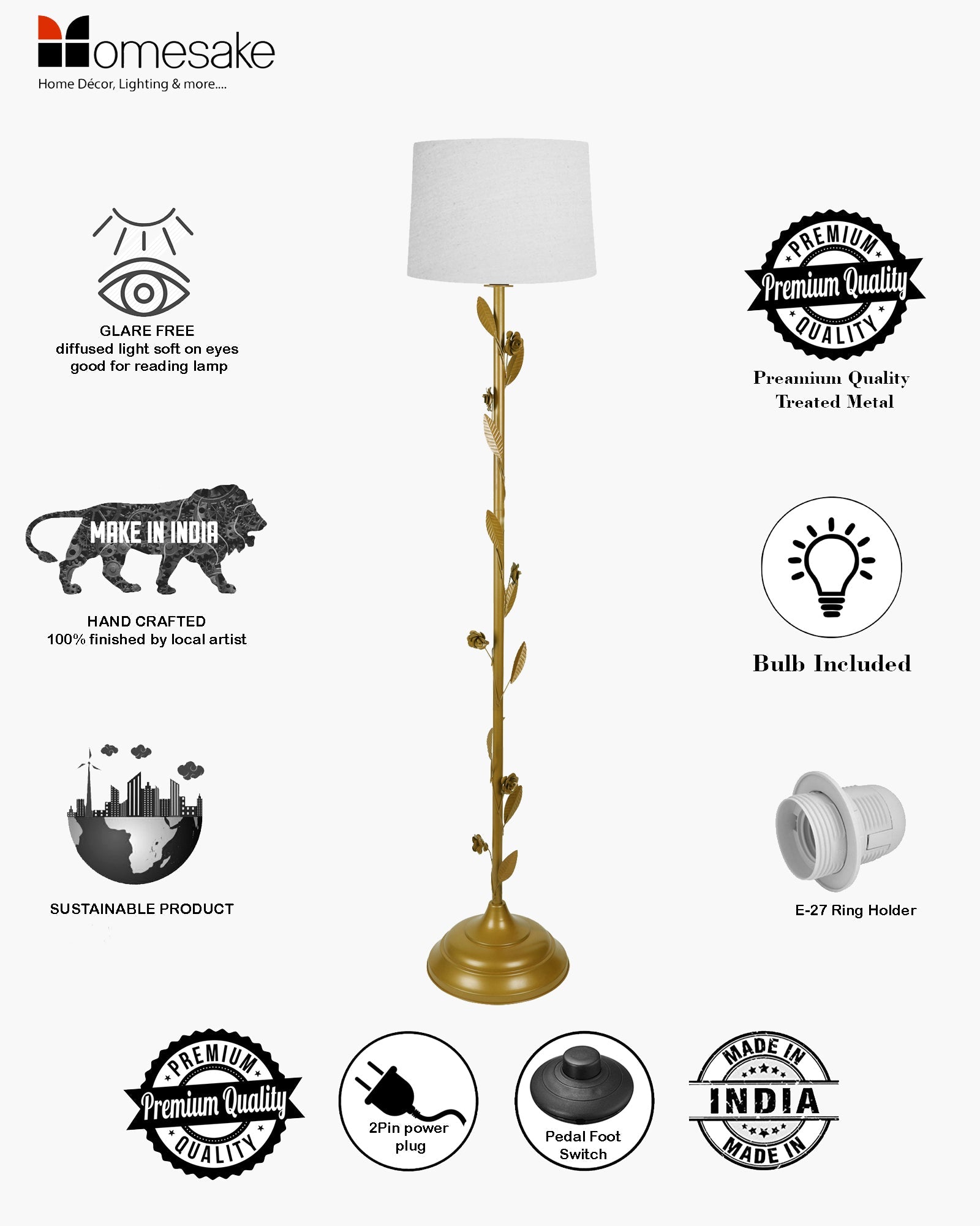 Contemporary Metal Floor Lamp,Contemporary Minimalist Standing Floor Light with Iron Legs, E27 Lamp Base, Modern Design Standing Light for Living Room,Bedroom,Antique Gold