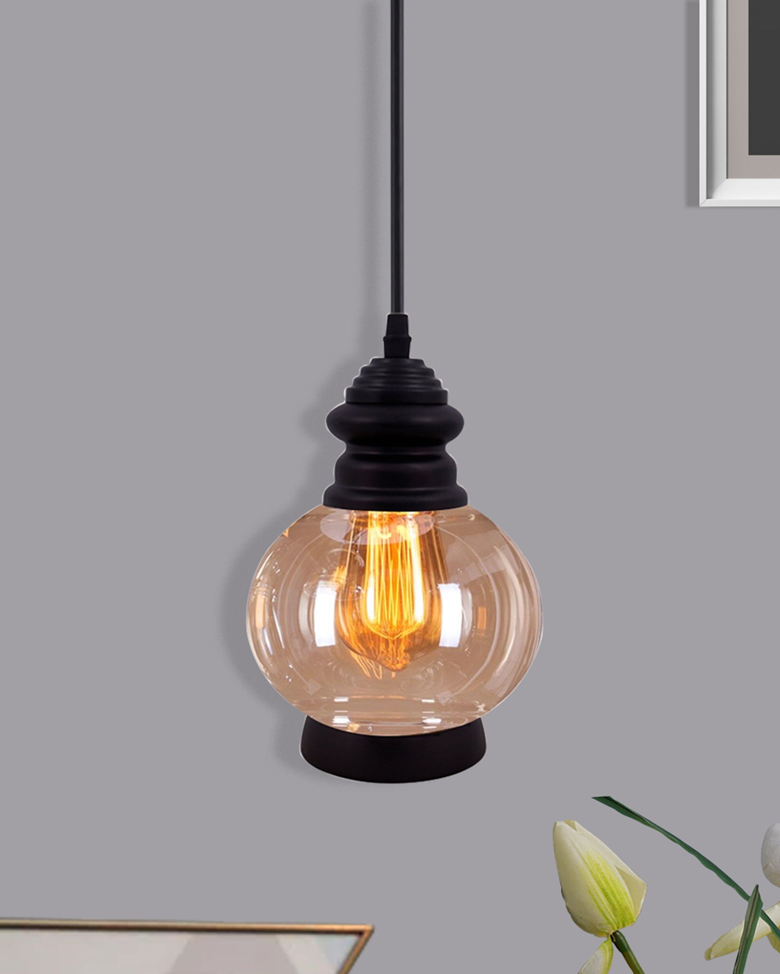 Pendant Light with Amber Glass Jar Shade Matte Adjustable Hanging Lighting Fixture, Industrial Antique Pendant Lamp for Kitchen Island, Dining Room, Foyer, Farmhouse
