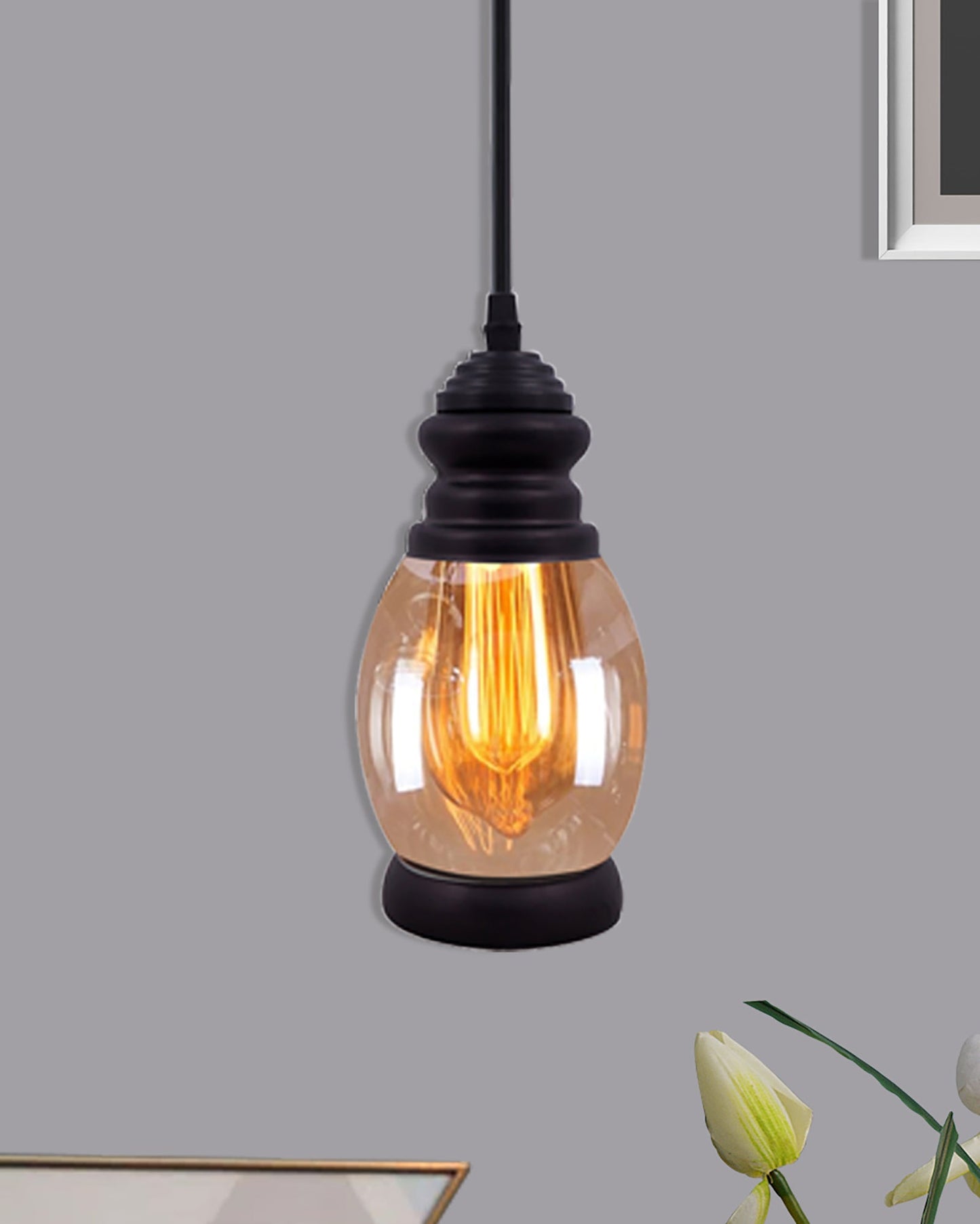 Oval Pendant Light with Amber Glass Jar Shade Matte Adjustable Hanging Lighting Fixture, Industrial Antique Pendant Lamp for Kitchen Island, Dining Room, Foyer, Farmhouse