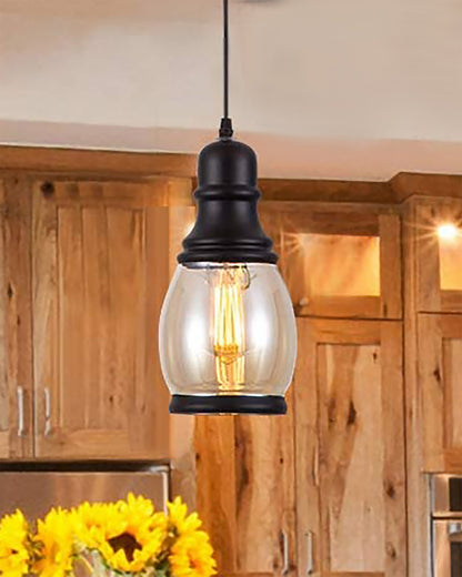 Oval Pendant Light with Amber Glass Jar Shade Matte Adjustable Hanging Lighting Fixture, Industrial Antique Pendant Lamp for Kitchen Island, Dining Room, Foyer, Farmhouse
