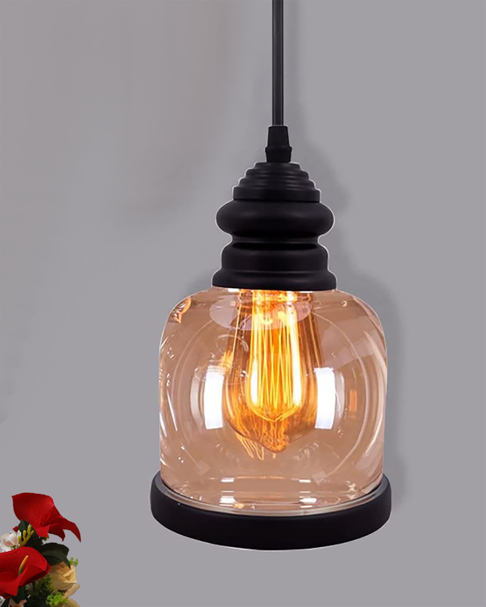 Cylinder Pendant Light with Amber Glass Jar Shade Matte Adjustable Hanging Lighting Fixture, Industrial Antique Pendant Lamp for Kitchen Island, Dining Room, Foyer, Farmhouse