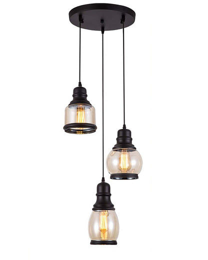 Cluster Pendant Light with Amber Glass Jar Shade Matte Black 3-Lights Adjustable Hanging Lighting Fixture, Industrial Antique Pendant Lamp for Kitchen Island, Dining Room, Foyer, Farmhouse