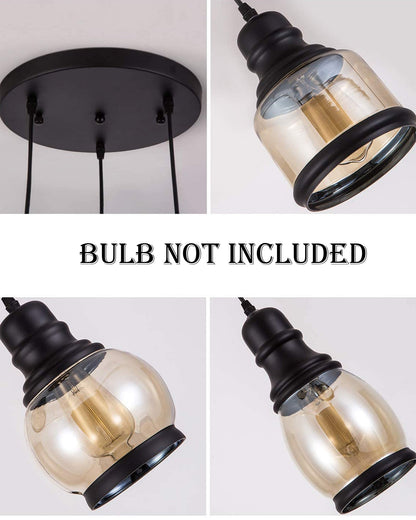 Cluster Pendant Light with Amber Glass Jar Shade Matte Black 3-Lights Adjustable Hanging Lighting Fixture, Industrial Antique Pendant Lamp for Kitchen Island, Dining Room, Foyer, Farmhouse