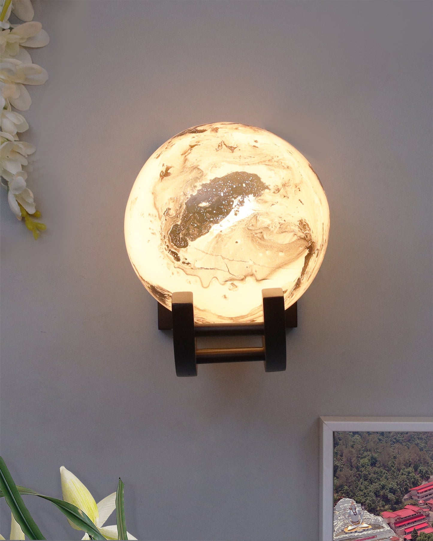 Nordic Wooden Wall Lamps, Zedo E27 Sconces with Marble Glass Shades