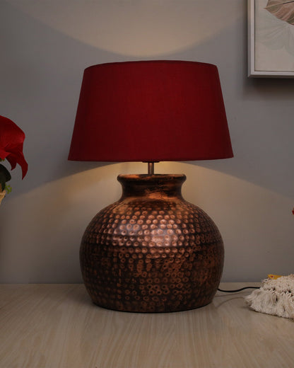 Pot Antique Table Lamp Hammered Oil-Rubbed Bronze Metal Linen Drum Shade for Living Room Family Bedroom