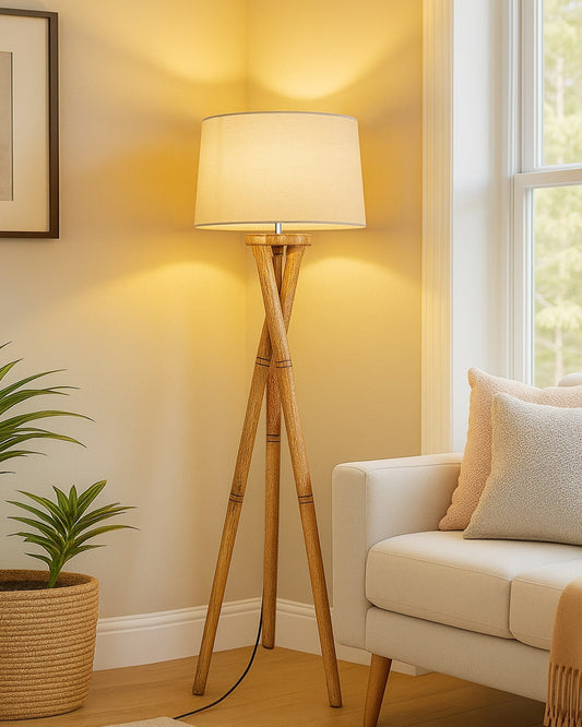 Cross-leg Wood Tripod Floor Lamp, Mid Century Standing Lamp, E27 Lamp Base, With Shade Modern Design Floor Reading Lamp for Living Room Bedroom, Study Room and Office