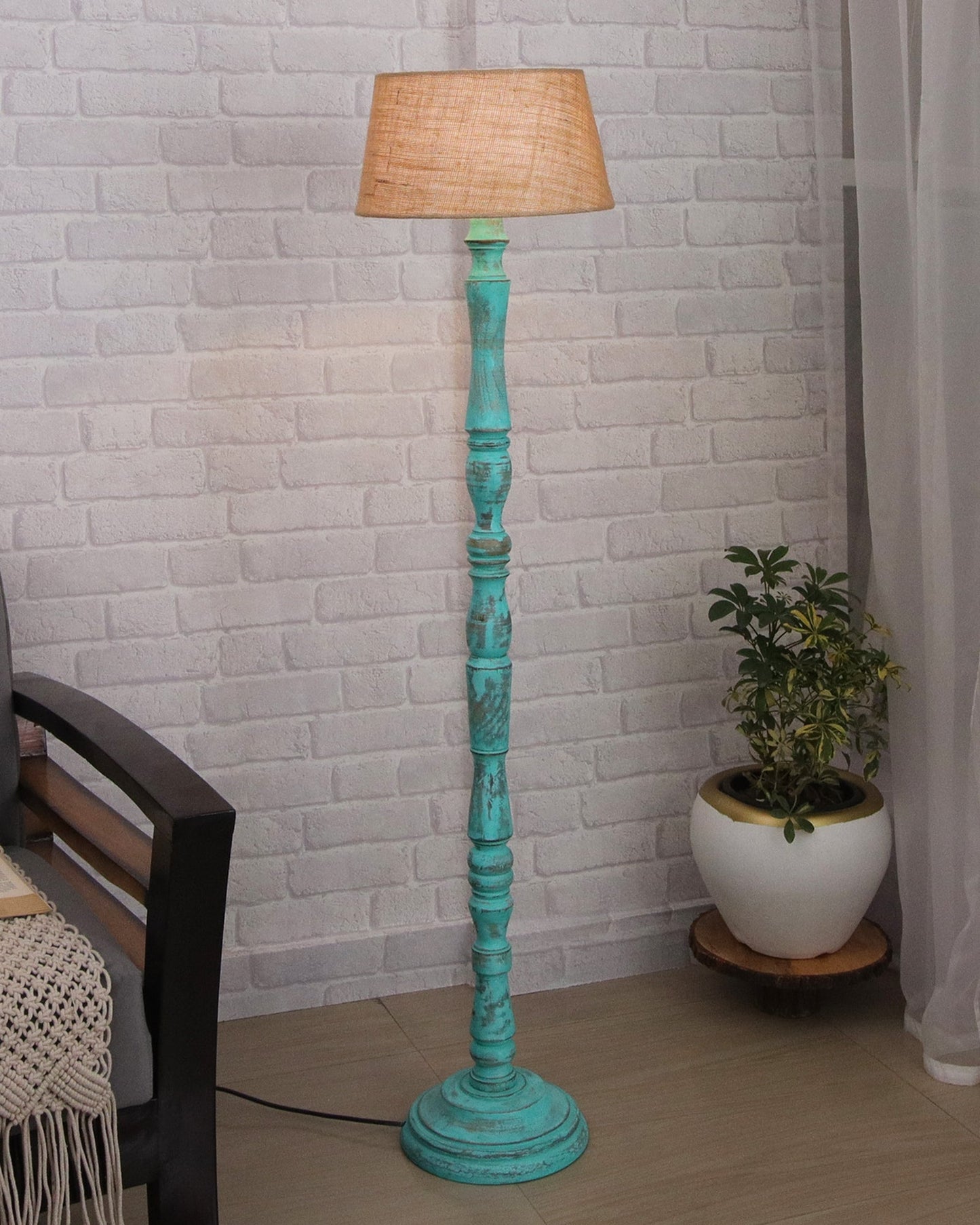 Wood Antique Candlestick Fabric Drum Shade Decor for Living Room Reading House Bedroom Home, Green Glendora