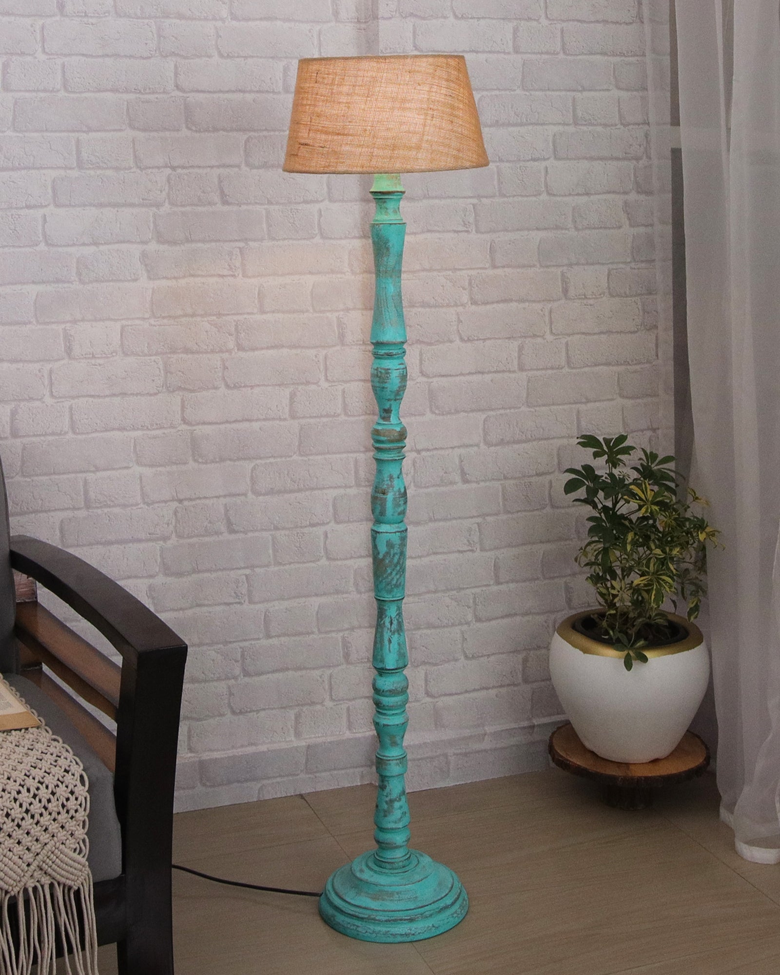 Wood Antique Candlestick Fabric Drum Shade Decor for Living Room Reading House Bedroom Home, Green Glendora