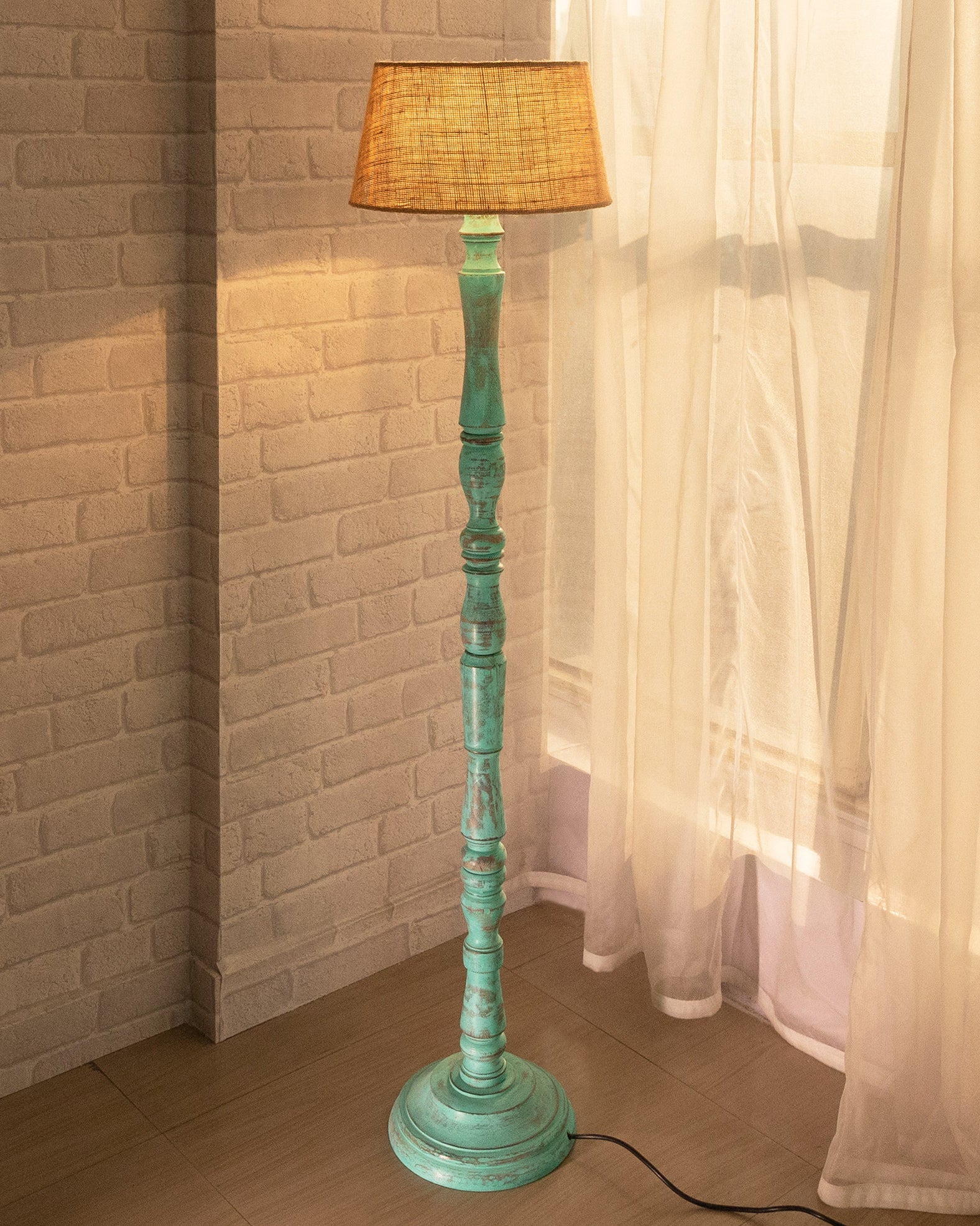 Wood Antique Candlestick Fabric Drum Shade Decor for Living Room Reading House Bedroom Home, Green Glendora