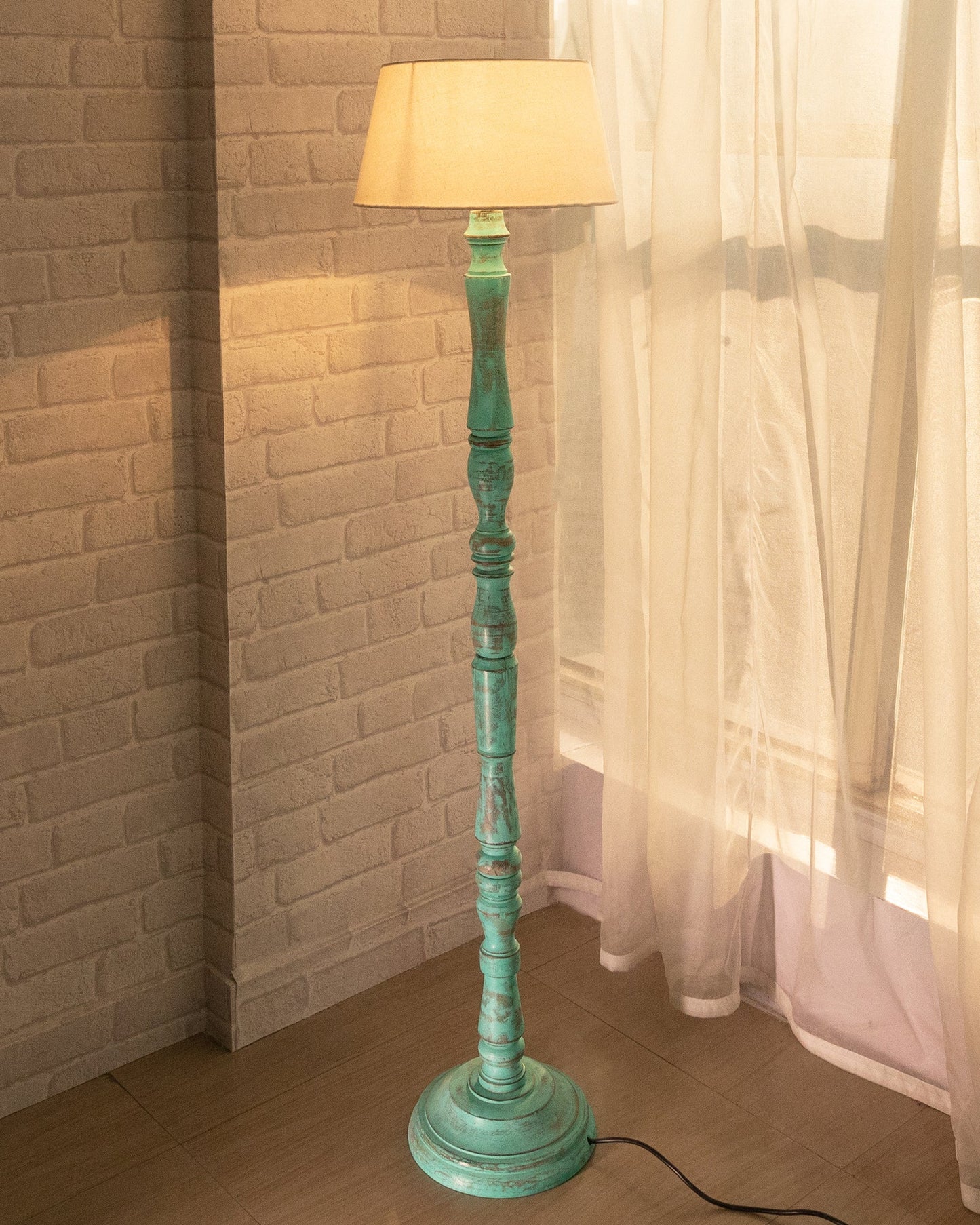 Wood Antique Candlestick Fabric Drum Shade Decor for Living Room Reading House Bedroom Home, Green Glendora