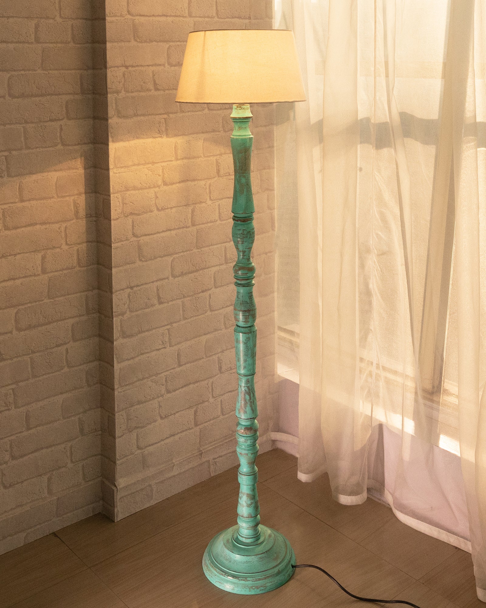 Wood Antique Candlestick Fabric Drum Shade Decor for Living Room Reading House Bedroom Home, Green Glendora