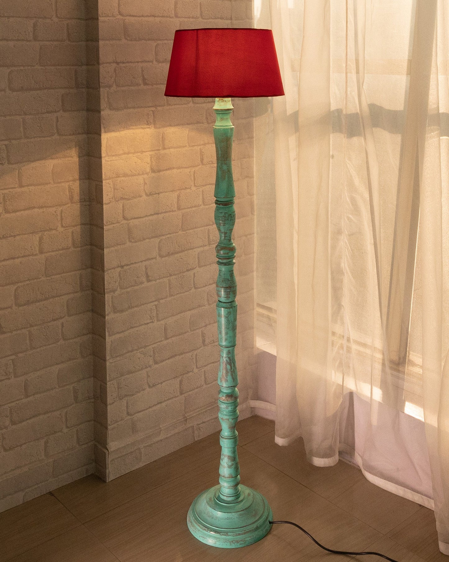 Green Glendora Wood Antique Candlestick Fabric Drum Shade Decor for Living Room Reading House Bedroom Home, Green Glendora, Red